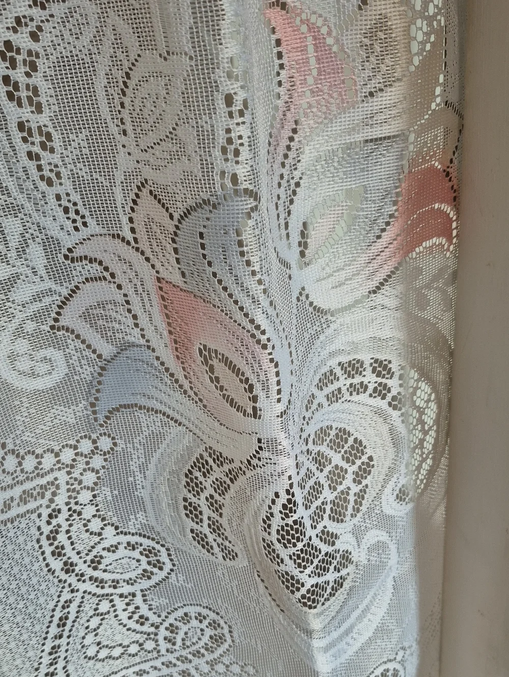 Sheer Lace Swag Curtain Valance with Pink Floral Accents 58x30